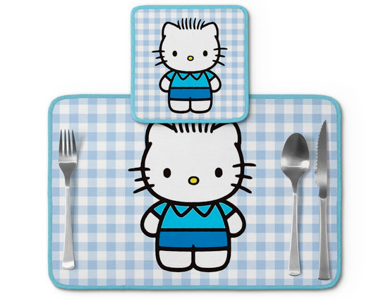 Jogo americano Hello Kitty, xadrez azul, com porta-prato e porta-copo.