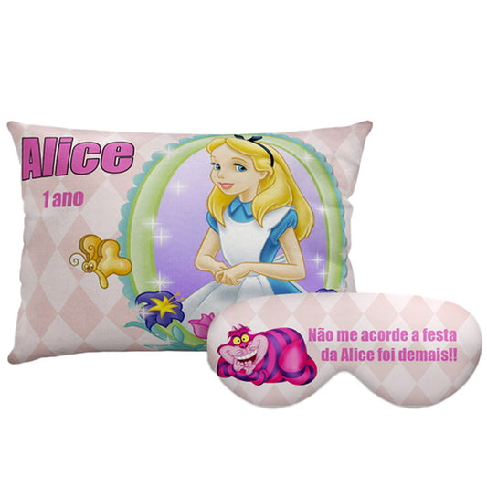 Kit Alice personalizado: almofada retangular e máscara de dormir, estampa rosa e verde.