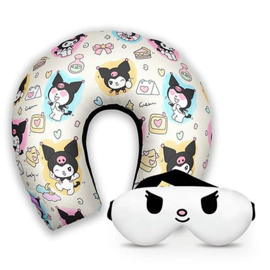 Kit infantil Kuromi: almofada de pescoço e máscara de dormir personalizadas, estampa branco.