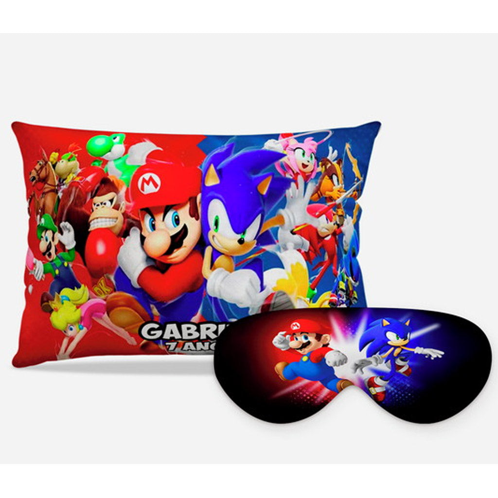 Kit Sonic e Mario personalizado: almofada retangular e máscara de dormir, estampa colorido.