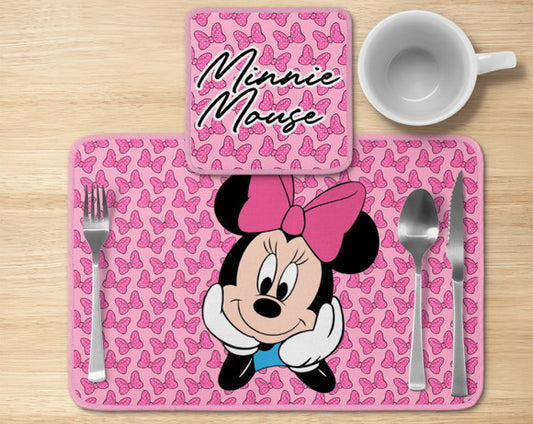 Jogo americano Minnie, rosa com laços e borboletas, com porta-prato e porta-copo.