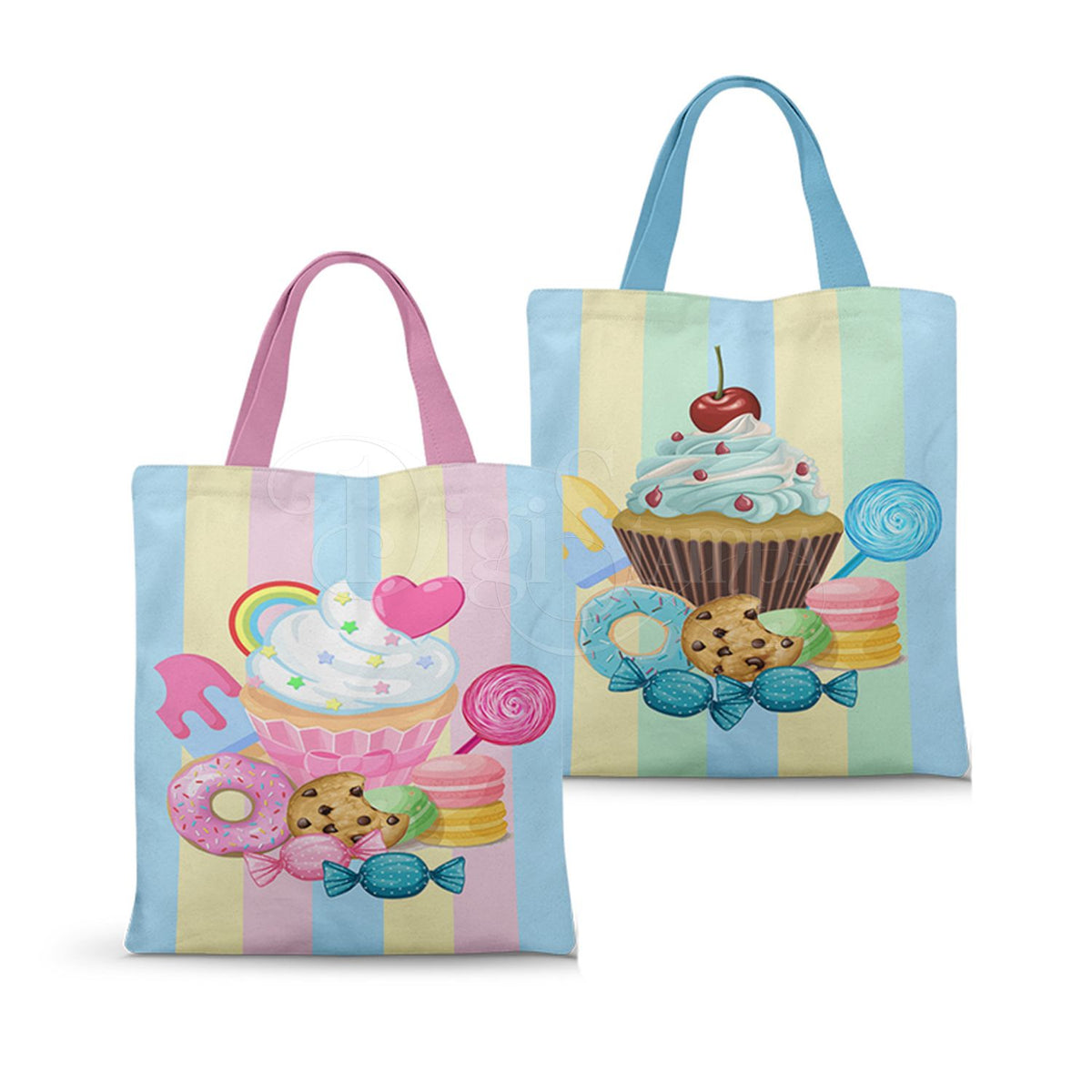 Ecobag personalizada Confeitaria: listras e doces coloridos, com alças.