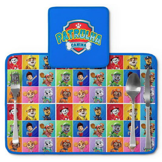 Jogo americano Patrulha Canina, quadrinhos coloridos, com porta-prato e porta-copo.