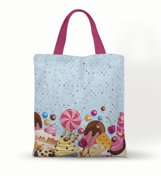 Ecobag personalizada Confeitaria: azul com doces coloridos, com alças.