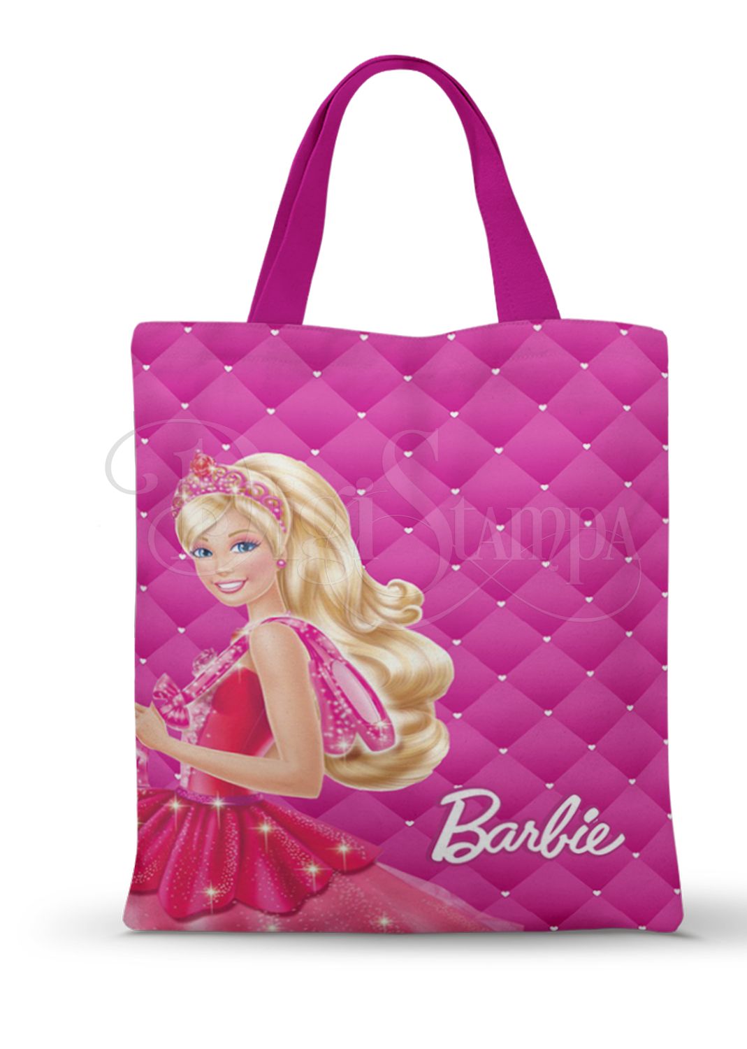 Ecobag personalizada Barbie: rosa com losangos, com alças.