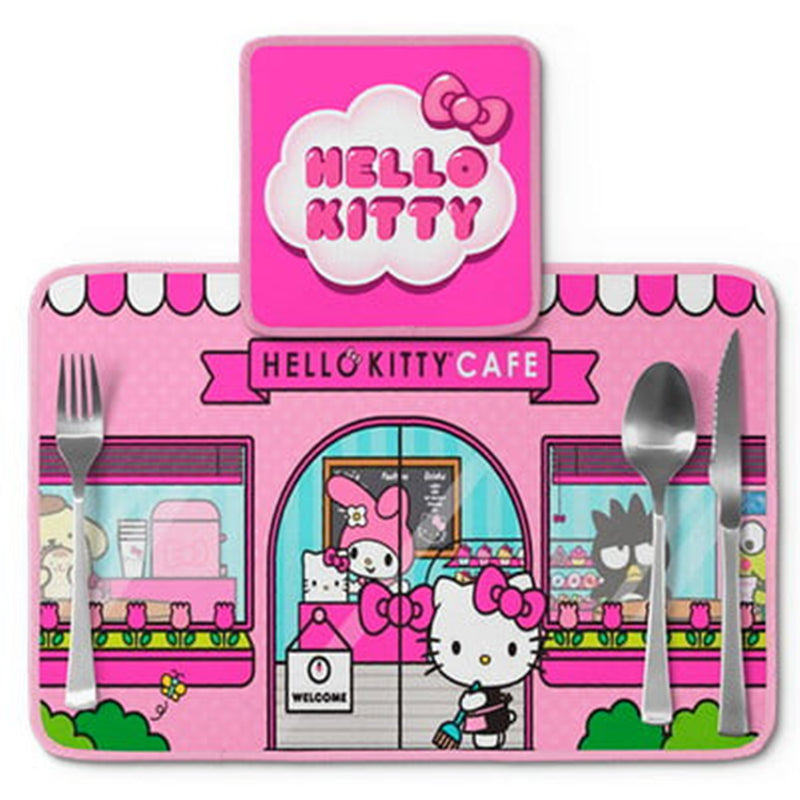 Jogo americano Hello Kitty, café rosa com listras, com porta-prato e porta-copo.