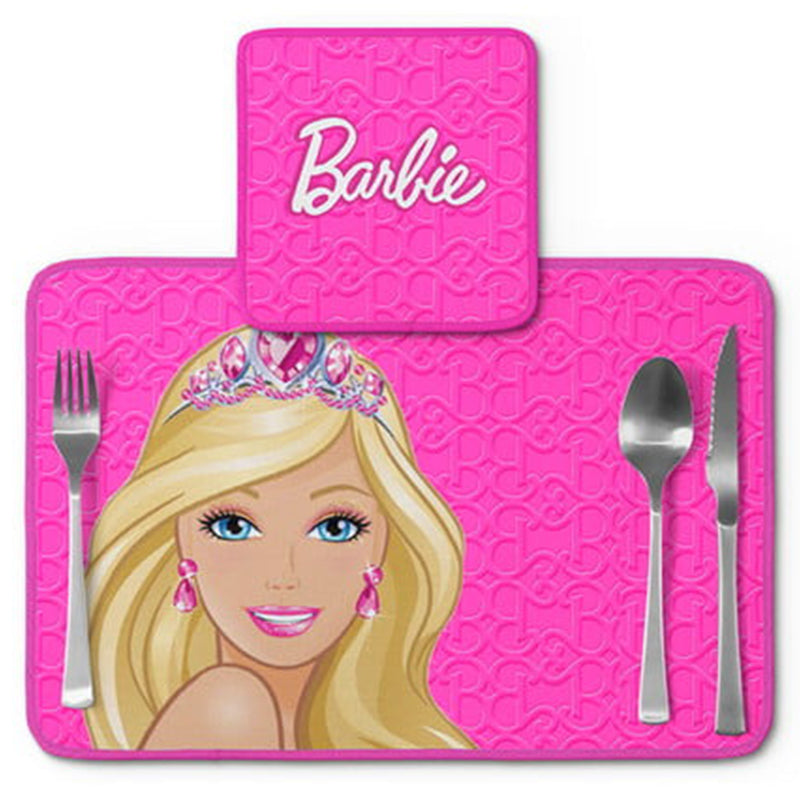 Jogo americano Barbie, rosa com coroa, com porta-prato e porta-copo.
