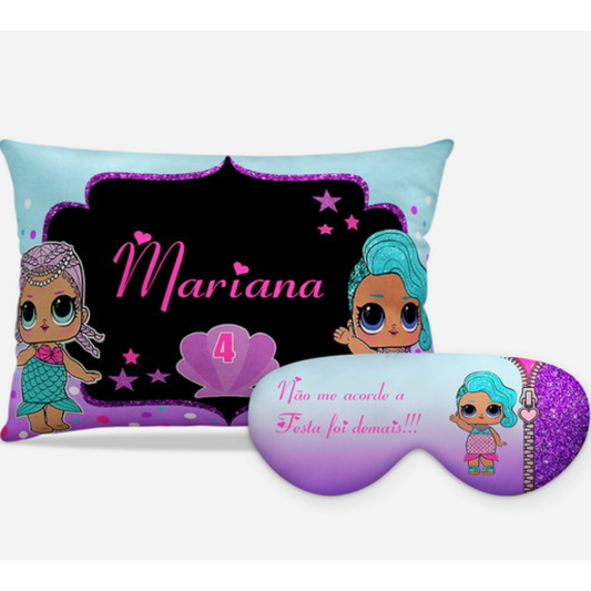Kit LOL Surprise personalizado: almofada retangular e máscara de dormir, estampa lilás e preto.