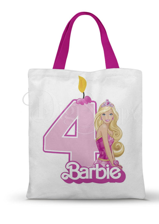 Ecobag personalizada Barbie: branca com número rosa, com alças.