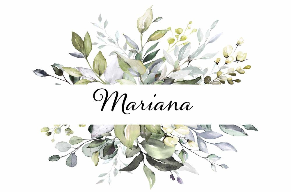 Canga Personalizada com nome aquarela floral tons branco e verde 90x130cm mcf6