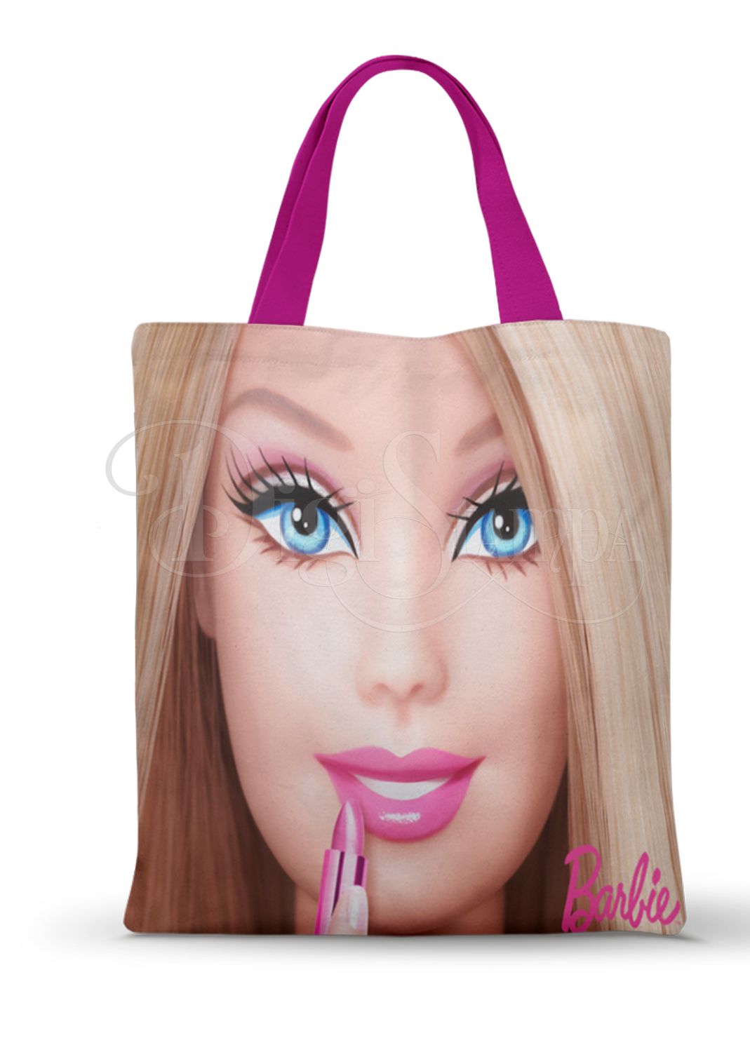 Ecobag personalizada Barbie: rosto e detalhes rosa, com alças.