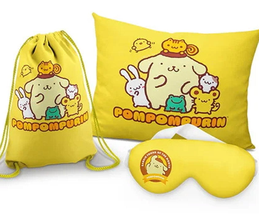 Kit Pompompurin, amarelo com personagens, com almofada, sacochila e máscara de dormir.
