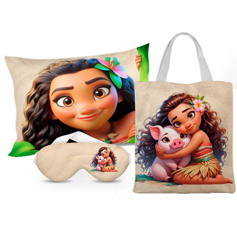 Kit Moana Bebê personalizado: almofada 20x30 cm, ecobag 25x32 cm e máscara de dormir, estampa bege.