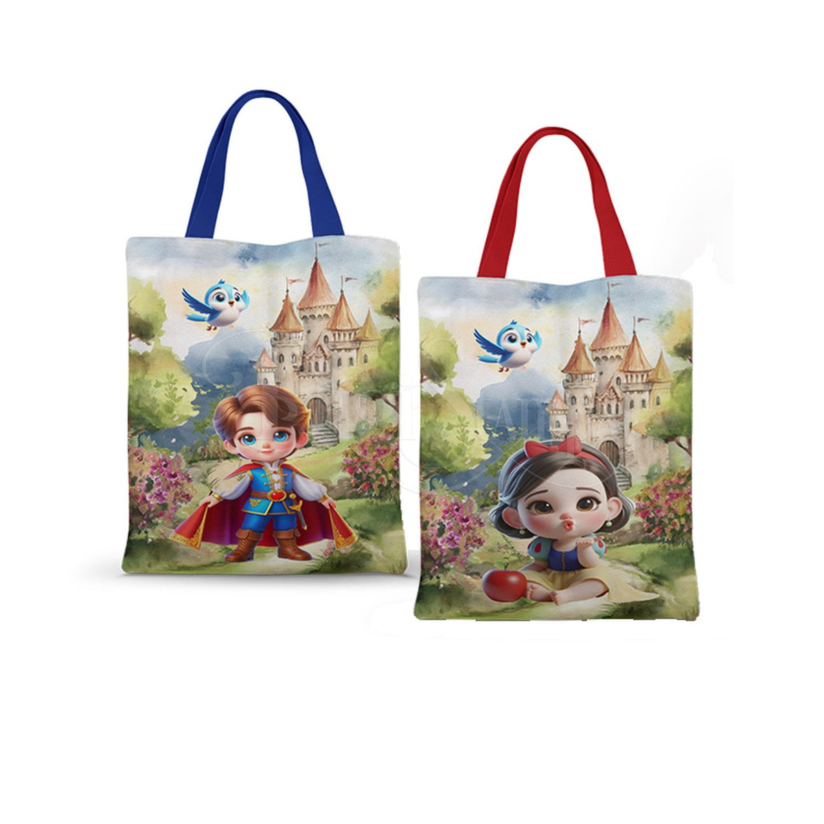 Ecobag personalizada Branca de Neve: castelo e jardim, com alças.