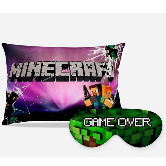 Kit Minecraft personalizado: almofada retangular e máscara de dormir, estampa roxo.