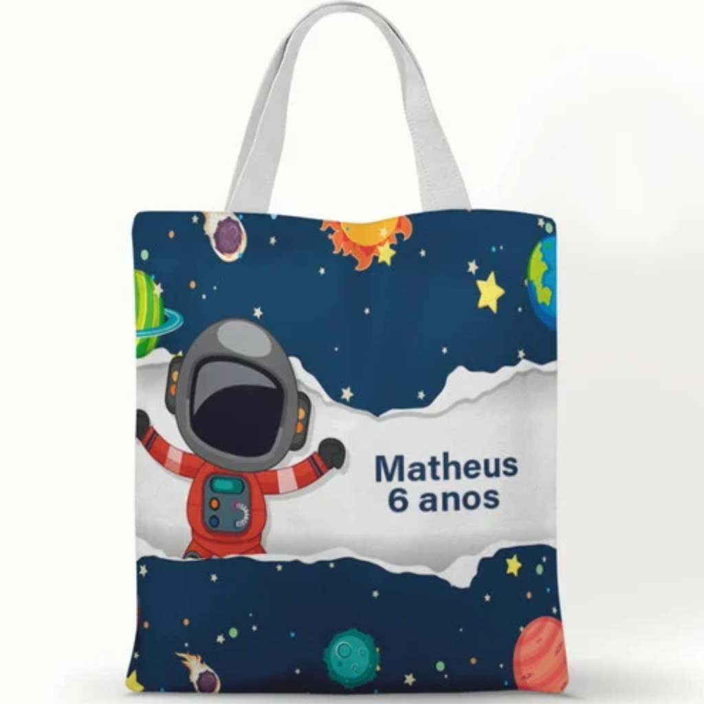 Ecobag personalizada Astronauta: azul com faixa branca, com alças.