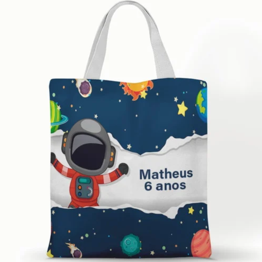 Ecobag personalizada Astronauta: azul com faixa branca, com alças.