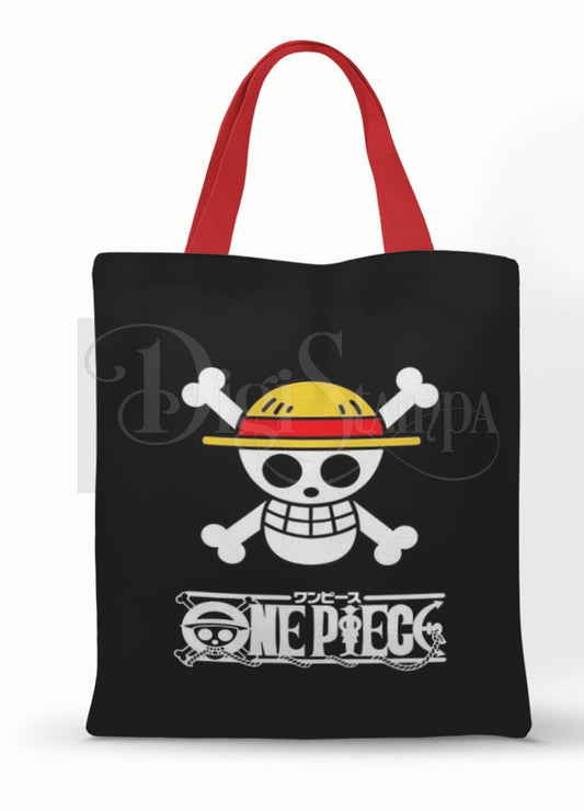 Ecobag personalizada One Piece: preta com caveira branca, com alças.