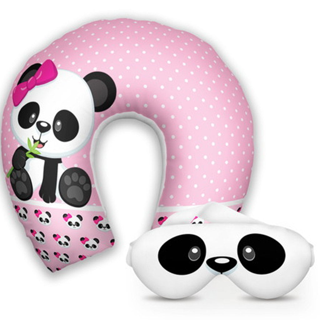 Kit infantil Panda: almofada de pescoço e máscara de dormir personalizadas, estampa poás rosa.