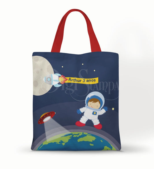 Ecobag personalizada Astronauta: azul com lua e terra, com alças.