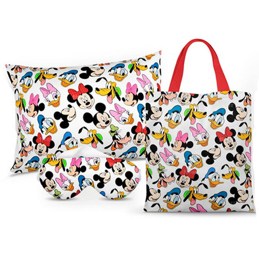 Kit Turma Disney personalizado: almofada 20x30 cm, ecobag 25x32 cm e máscara de dormir, estampa branco.