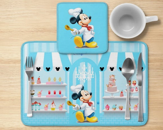 Jogo americano Mickey, confeitaria azul com listras, com porta-prato e porta-copo.