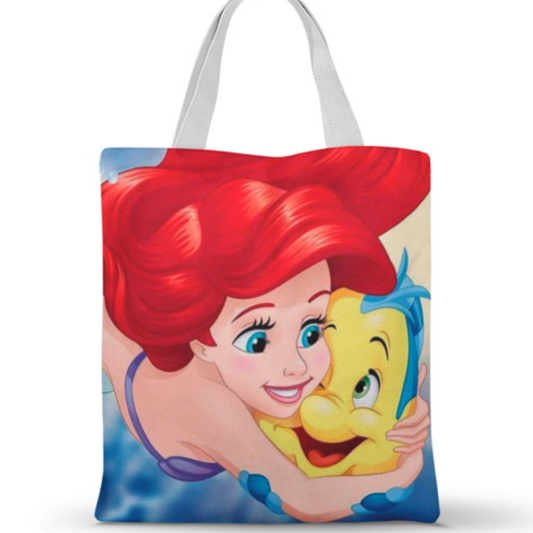 Ecobag personalizada Ariel e Linguado: colorida com rostos, com alças.