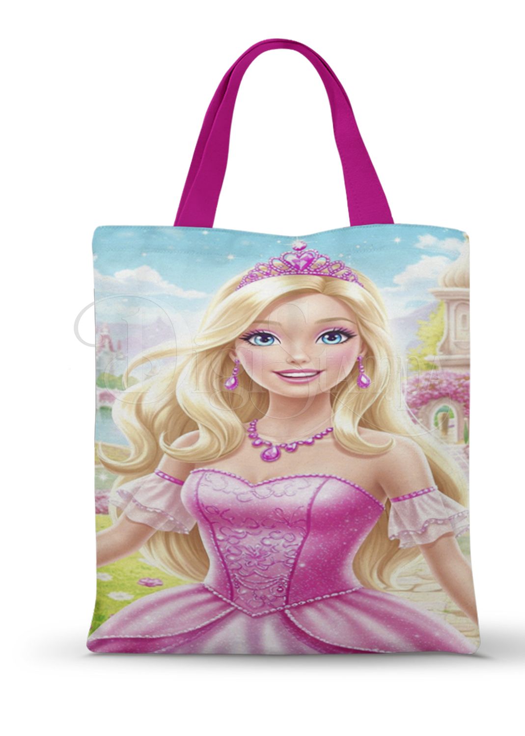Ecobag personalizada Barbie: rosa com vestido ilustrado, com alças.
