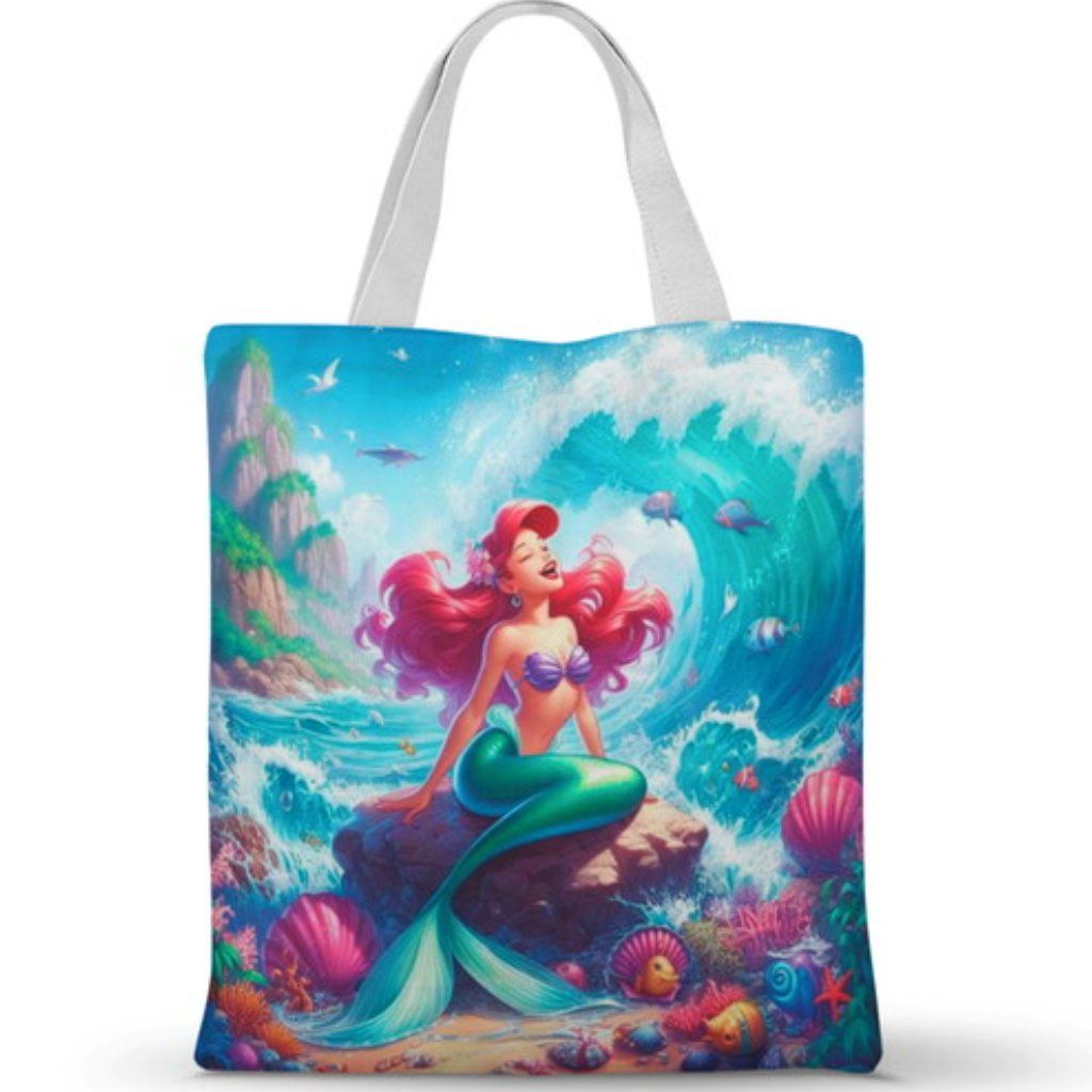 Ecobag personalizada Ariel: azul com fundo do mar, com alças.