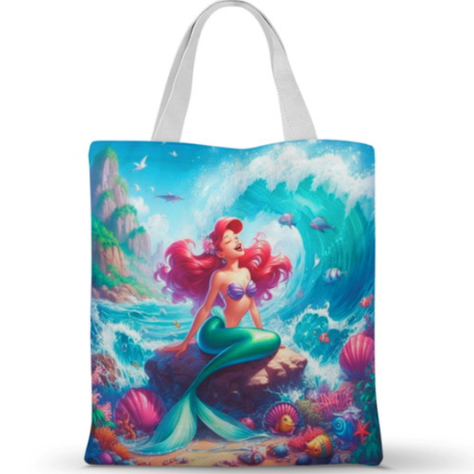 Ecobag personalizada Ariel: azul com fundo do mar, com alças.