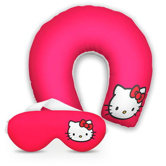 Kit infantil Hello Kitty: almofada de pescoço e máscara de dormir personalizadas, estampa rosa.