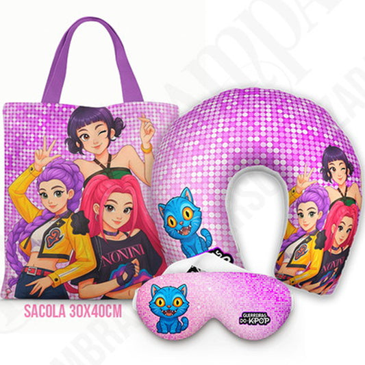 Kit Guerreiras K-Pop personalizado: almofada de pescoço infantil, ecobag 36x42 cm e máscara de dormir, estampa lilás.