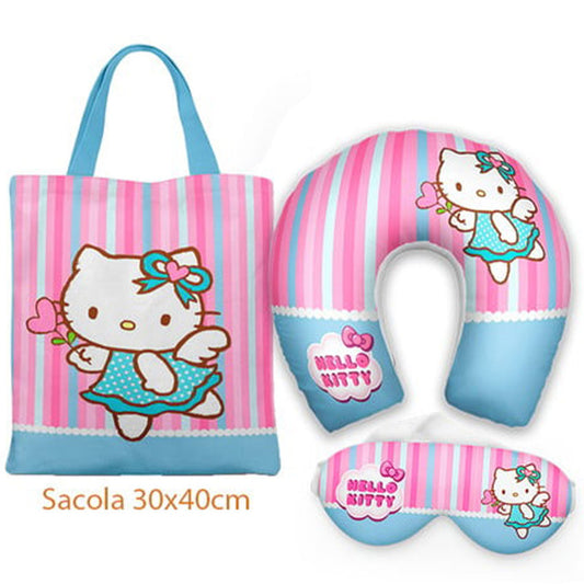 Kit Hello Kitty personalizado: almofada de pescoço infantil, ecobag 36x42 cm e máscara de dormir, estampa listras.