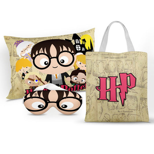 Kit Harry Potter personalizado: almofada 20x30 cm, ecobag 25x32 cm e máscara de dormir, estampa bege.