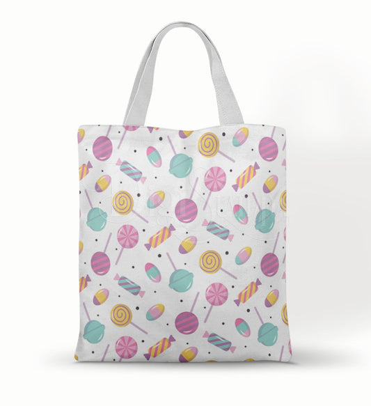 Ecobag personalizada Confeitaria: branca com doces coloridos, com alças.