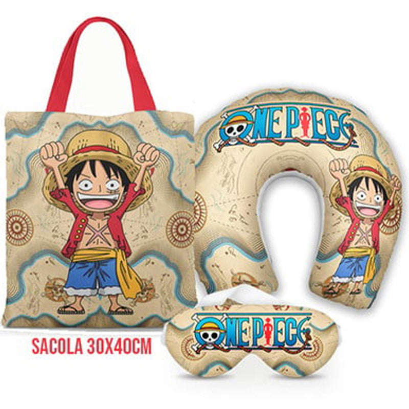 Kit One Piece personalizado: almofada de pescoço infantil, ecobag 36x42 cm e máscara de dormir, estampa mapa.