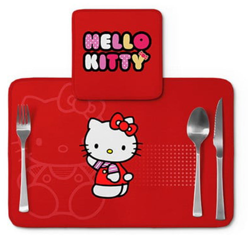 Jogo americano Hello Kitty, vermelho com laço, com porta-prato e porta-copo.