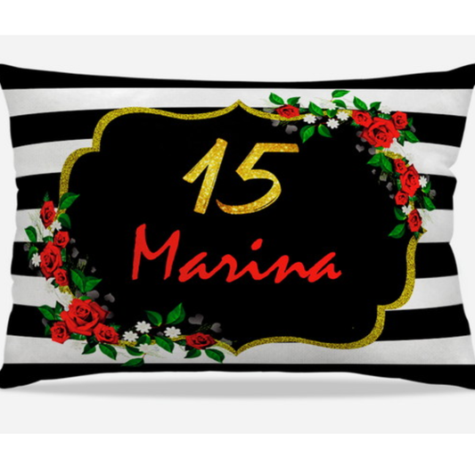 Almofada personalizada Retangular: Floral com Listras Pretas e Brancas