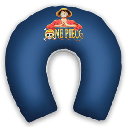 Almofada de pescoço infantil One Piece: Luffy e o nome do tema sobre fundo azul escuro.