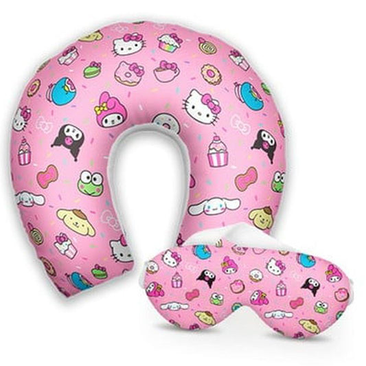 Kit infantil Hello Kitty: almofada de pescoço e máscara de dormir personalizadas, estampa ícones.