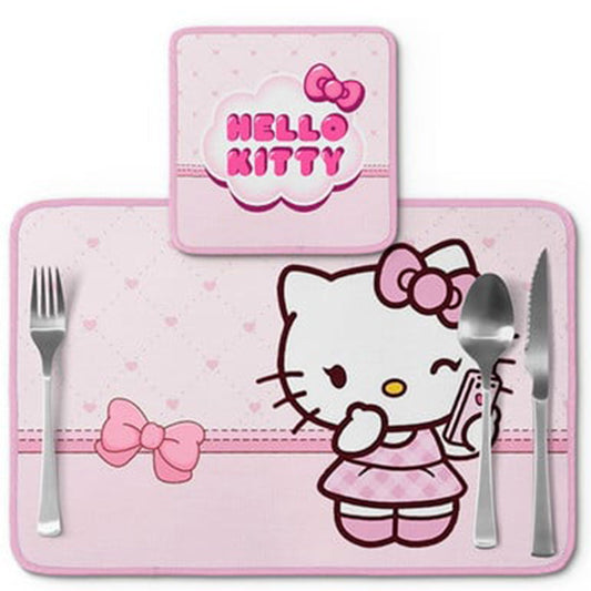 Jogo americano Hello Kitty, rosa com laços, com porta-prato e porta-copo.