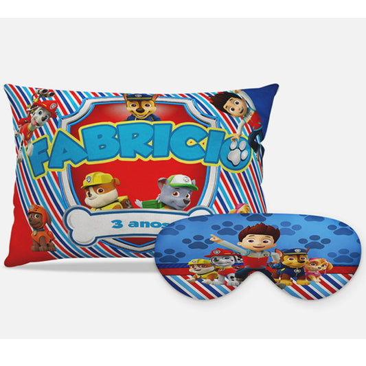 Kit Patrulha Canina personalizado: almofada retangular e máscara de dormir, estampa colorido.