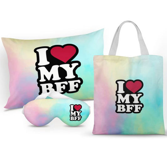 Kit BFF personalizado: almofada 20x30 cm, ecobag 25x32 cm e máscara de dormir, estampa pastel.