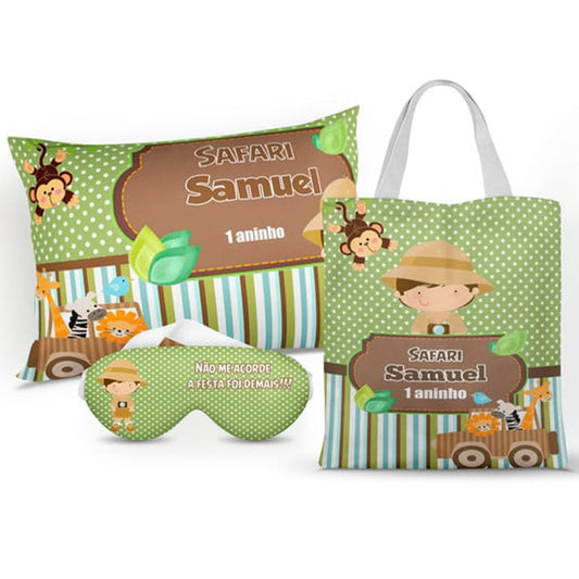 Kit Safari personalizado: almofada 20x30 cm, ecobag 25x32 cm e máscara de dormir, estampa verde.