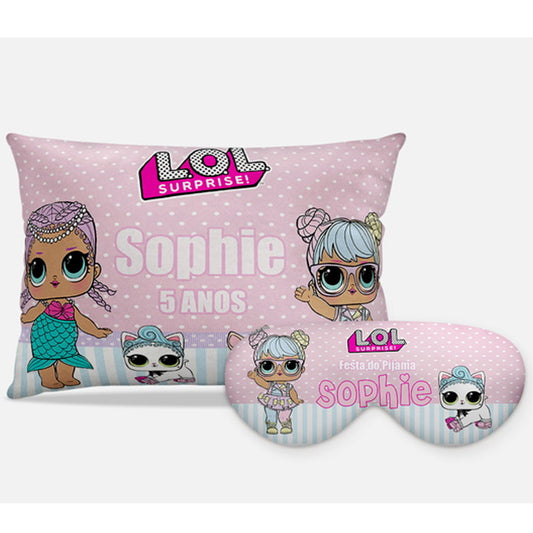 Kit LOL Surprise personalizado: almofada retangular e máscara de dormir, estampa rosa e poás.
