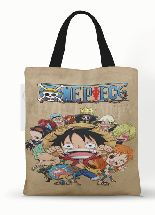 Ecobag personalizada One Piece: bege com personagens, com alças.
