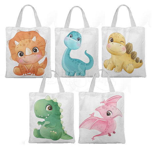 Ecobag personalizada Dinossauros: branca com animais coloridos, com alças.