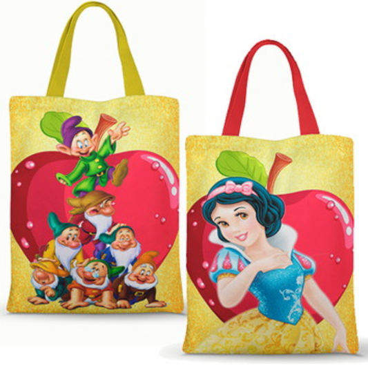 Ecobag personalizada Branca de Neve: amarela com maçã, com alças.