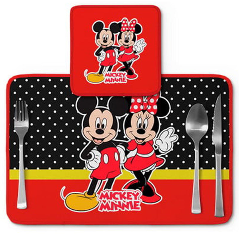 Jogo americano Mickey e Minnie, preto e vermelho com poás, com porta-prato e porta-copo.