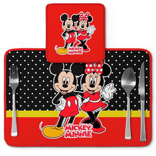 Jogo americano Mickey e Minnie, preto e vermelho com poás, com porta-prato e porta-copo.